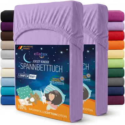 Produktbild von EllaTex 2er Pack Jersey Kinder Spannbettlaken 70x140 Baumwolle – Spannbetttücher Set für Babybett & Kinderbett, Farbe: Lila
