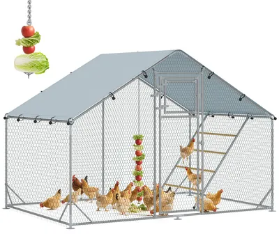 Image de Poulailler, enclos extérieur pour poules, avec bâche résistante aux UV, grille en acier, distributeur de nourriture, pour 6 à 8 poules