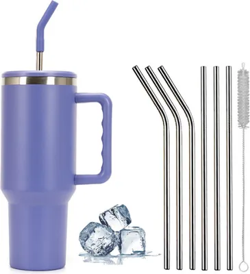 Obrázok produktu pre 1200ml hrnček s držadlom a slamkou, 304 dvojstenný vákuový hrnček z nehrdzavejúcej ocele, cestovný hrnček do auta, hrnček na kávu na cesty alebo do kancelárie, fialový, 40 OZ