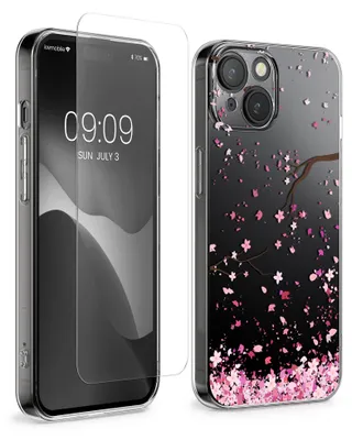 Produktbild von kwmobile Hülle kompatibel mit Apple iPhone 15 Handyhülle - Silikon Case transparent - Mit Glas Schutzfolie - Kirschblütenblätter Rosa Dunkelbraun