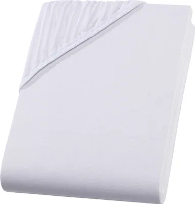 A folded white fitted sheet with elasticized corners.
