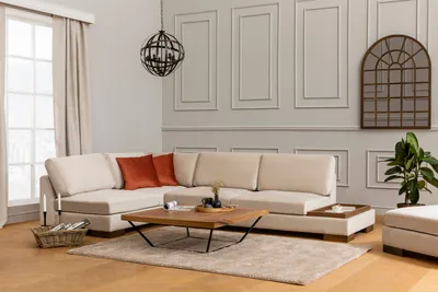 Produktbild von Hanah Home, Ecksofa Beige, 193 x 313 cm, 80 cm hoch | Buchenholzrahmen, 100% Polyester, 28 DNS Schaumstoff | Inkl. 2 Kissen, skandinavisches Design, pflegeleicht.