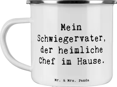 Produktbild von Mr. & Mrs. Panda Emaille Becher Spruch Schwiegervater Chef - Weiß - Geschenk, Pott, Outdoor Tasse, Teetasse, Familie, herzerwärmende Sprüche, Haferl, Verwandte