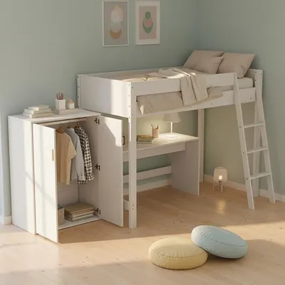 Produktbild von Kinderbett 90x200 cm, Hochbett mit Leiter, Schreibtisch und Kleiderschrank, Funktionsbett Kinderhochbett Jugendhochbett mit Rausfallschutz & Lattenrost, Weiß