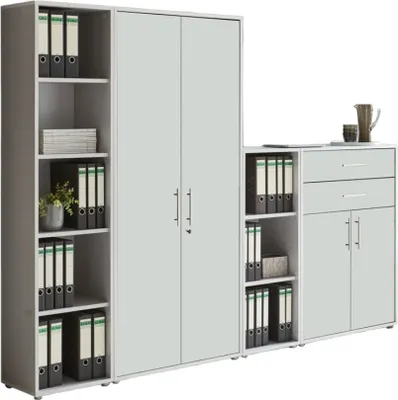 Produktbild von Aktenschrank TABOR 22 in lichtgrau / weiß matt, Schrankwand, Büroschrank, abschließbar, Metallgriffe