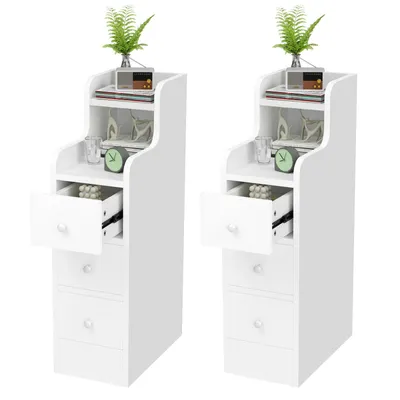Produktbild von Nachtschrank Schmal 2er Set,Klein Nachttisch 70cm hoch,Offenen Ablagen und 3 Schublade,Beistelltisch Sofatisch für Wohnzimmer 20x35x70cm Weiß