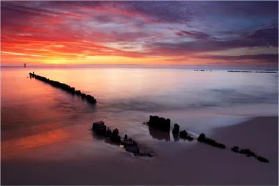 Produktbild von Wallario Poster - Sandstrand im Sonnenuntergang - Roter Himmel, Kunstdruck Größe: 61 x 91,50 cm
