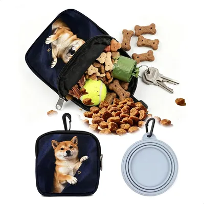 Imagen del producto de Bolsa para golosinas para perros con cuenco de silicona plegable, de 2 piezas, color azul, con mosquetón para correa