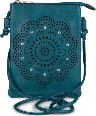 Produktbild von styleBREAKER Damen Mini Umhängetasche mit Blumen Lasercut Cutout Muster und Strass | kleine Crossbody Bag Schultertasche Handytasche 14,5 x 19 cm