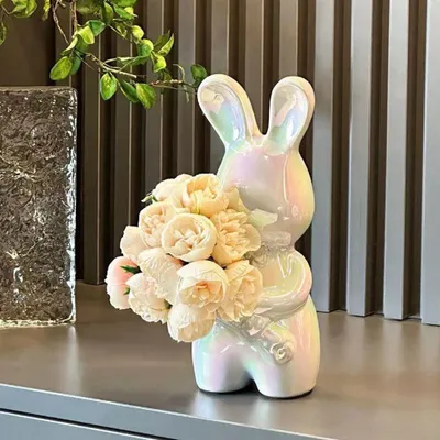 Immagine prodotto di Omgoods - Scultura in Vetroceramica a forma di coniglio con fiore, ideale per la decorazione della casa