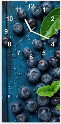 Produktbild von Wanduhr aus Glas mit Motiv Blaubeeren auf Holz- 30 x 60 cm - inkl. Aufhängesystem