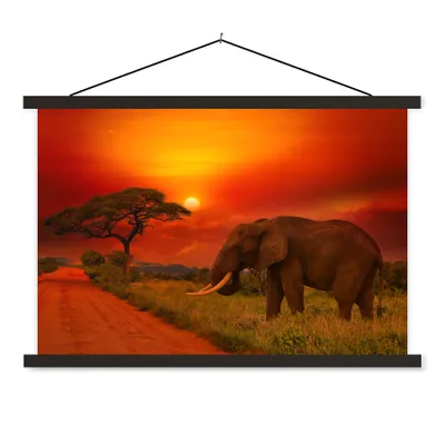 Produktbild von MuchoWow® Textilposter Elefant - Sonnenuntergang - Orange - Savanne - Tiere 120x80 cm mit schwarzem Rahmen - Wanddeko