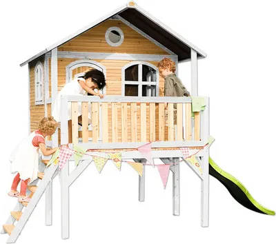 Immagine prodotto di AXI Sophie Casa Bambini con pavimento e scivolo verde | Casetta da gioco per giardino / esterno in marrone e bianca in legno  | Parco giochi per bambini