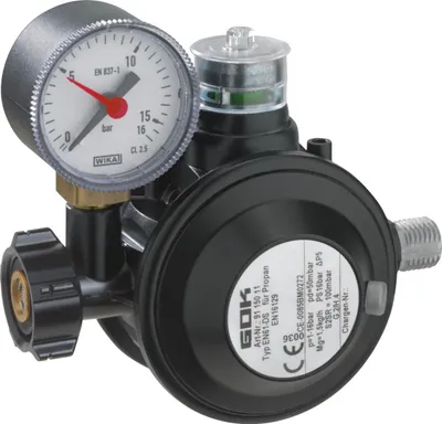 Produktbild von GOK Gasregler PRO EN61-DS – Gasdruckregler 29 (30) mbar 1,5 kg/h mit Überdrucksicherung ÜDS & Manometer, Shell-Anschluss für französische Gasflaschen