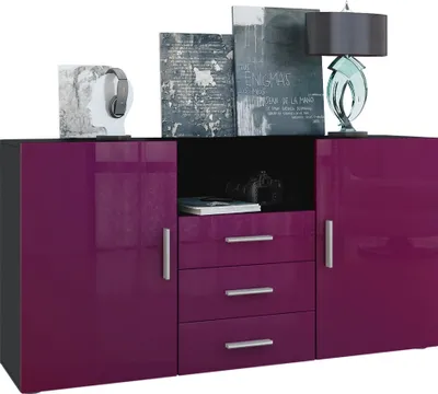Produktbild von Vladon Sideboard Skadu, Kommode mit 2 Türen, 3 Schubladen und 1 offenem Fach, Schwarz matt/Brombeer Hochglanz (138,5 x 71,5 x 35 cm)