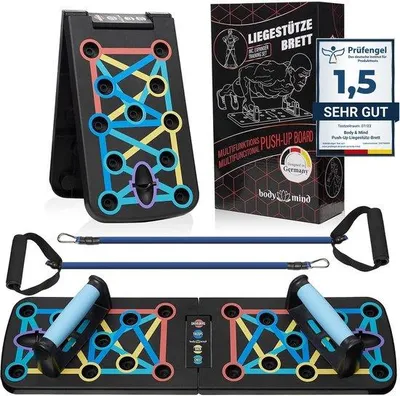 Produktbild von Unyqoos® Faltbares Push-up-Board (20‑in‑1) – Multifunktionales Liegestützbrett für Ganzkörpertraining mit Gummi‑Griffen, Widerstandsbändern & eBook