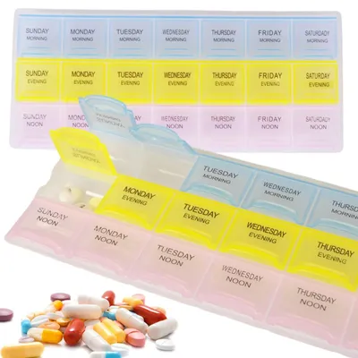 Produktbild von Tablettenbox Medikamenten Organizer Pillendose 7 Tage 21 Fächer Englisch morgens mittags abends