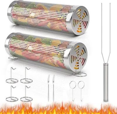 Produktbild von Famanu Grillkorb Set 2 Stück - Tragbare Grillkörbe mit Gabel