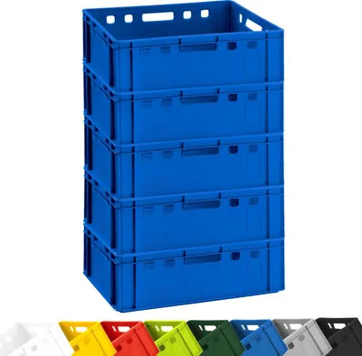 A stack of four blue plastic crates is shown against a white background. Below the crates, a row of different colored crates is visible.