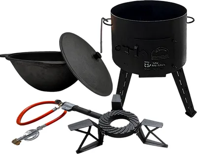 A set of cooking equipment including a cast iron pot with a lid, a gas burner, and a gas hose, arranged on a white background.