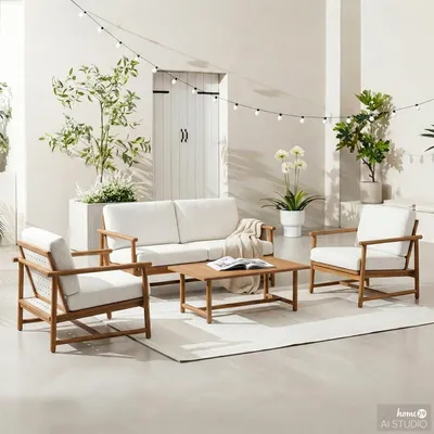 Produktbild von home24 Loungegruppe- 4-teilig - Akazie massiv / Webstoff - Akazie Braun / Creme