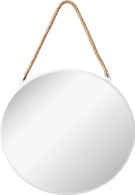 A round mirror with a rope hanger against a white background.