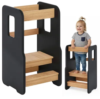 Produktbild von Montessori Lernturm verstellbar in 3 Höhen für Kinder Schwarz/Eiche