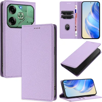 Produktbild von Litchi Leder Handyhülle für Tecno Pova 6 4G Wallet Kartenfächer Standfunktion Hülle Violett