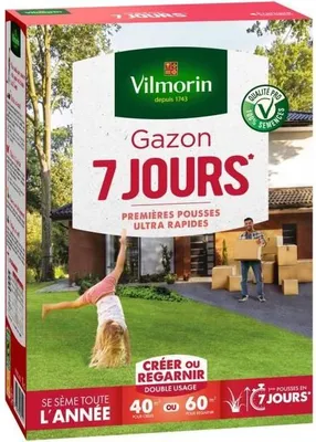 Immagine prodotto di Semi per prato, Vilmorin 7 Jours, crescita ultra rapida, 1 kg, per 40 m² di nuova semina o 60 m² di risemina