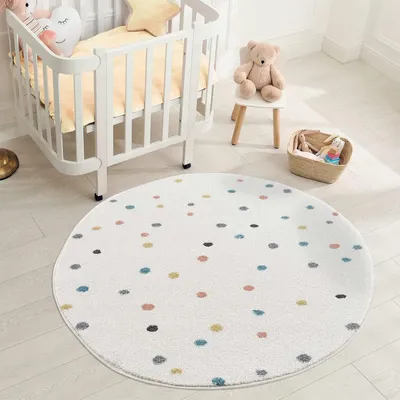 Produktbild von Teppich Kinderzimmer Punkte - 120 cm Rund - Creme mit bunten Pastell-Pünktchen, moderner Kinderteppich, weich & gemütlich