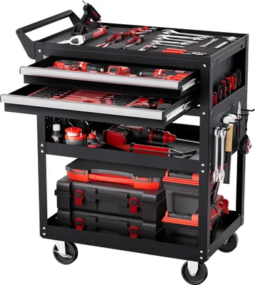 A black tool cart filled with various tools and storage boxes.