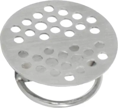 A close-up, isolated shot of a metal drain cover with a ring handle.