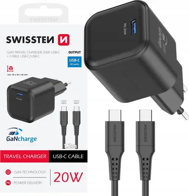 Zdjęcie produktu dla Swissten Szybka Ładowarka Sieciowa Gan Usb-c 20w Pd + Kabel Usb-c Usb-c