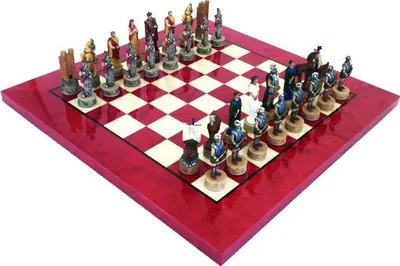 Produktbild von Italienisches Schachfiguren-Set Schlacht Um Troja + Schachbrett Holz Weiss/Rot 42
