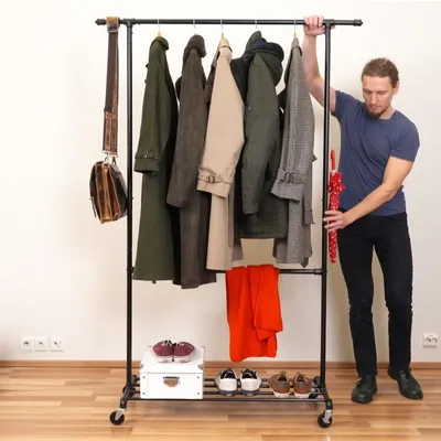 Kleiderständer auf Rollen, 110 kg, Doppelschiene, Schuhablage, schwarz