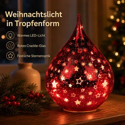 Produktbild von formano LED Deko Farbglas Tropfen Sterne Rot 21 cm Glasleuchte in Crackle-Optik