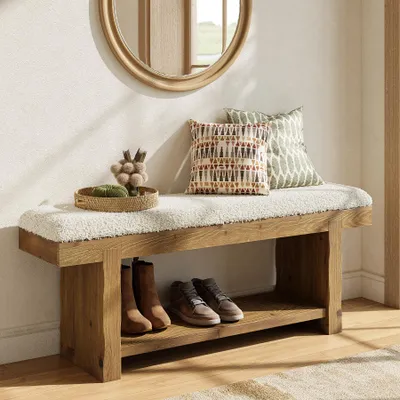 Image de Banc d'entrée en bois massif de 120 cm, modèle "ferme" à 2 niveaux, banc rembourré pour chambre avec espace de rangement, banc rustique et étroit pour chambre ou entrée