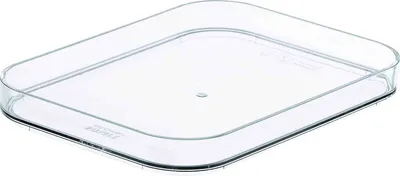 A clear plastic lid for a storage box is shown from a slightly elevated angle against a white background.