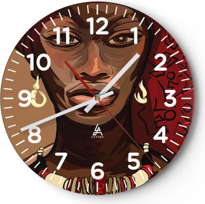 Produktbild von Wanduhr - Rund - Glasuhr - eine frau afrika - 30x30cm - Schleichendes Uhrwerk - Lautlos - zum Aufhängen bereit - Dekoration Modern - Wanddekoration aus Glas - C4AR30x30-4120