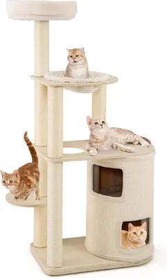 Immagine prodotto di Tiragraffi per gatti - Tiragraffi - 151 cm - 5 livelli - Casetta per gatti a 2 piani - Amaca - Alberi in sisal - Legno - Bianco