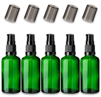 Produktbild von 5x Grüne Glasflasche 50 ml mit schwarzer Pumpe leer zum Befüllen 18 mm
