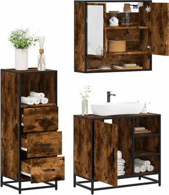 Produktbild von Möbel 3-tlg. Badmöbel-Set Räuchereiche Holzwerkstoff - Badezimmer 3301057