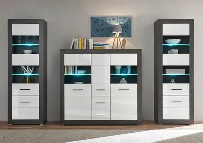 Immagine prodotto di Parete attrezzata Etero 279cm cemento scuro/bianco lucido vetrina alta moderna