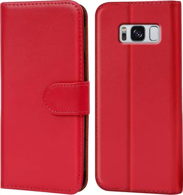 A red flip case for a Samsung Galaxy S8 Plus phone is shown from the front and back.