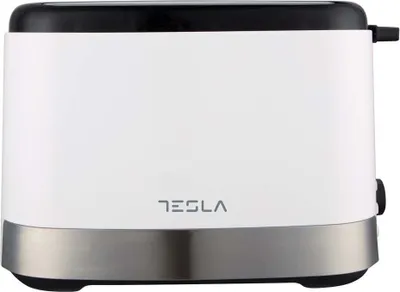 A white Tesla toaster with a black top and silver base is shown against a white background.