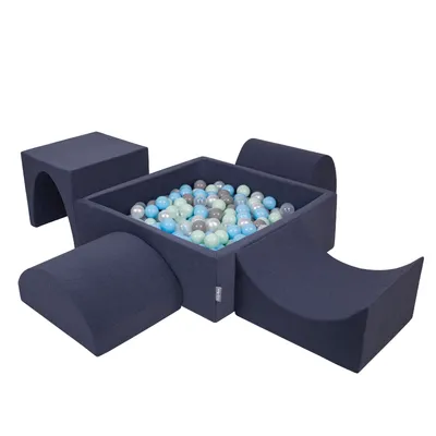 Obrázok produktu pre KiddyMoon Mäkké penové ihrisko pre deti s Štvorec loptičkovým ihriskom (300 ∅ 7 cm) s mäkkými prekážkami a loptičkovým bazénom,  vyrobené v EÚ, Tmavomodrá:Perla/Grey/Transparentné/Babyblu