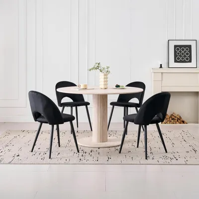 Produktbild von Esszimmer-Set Runder Esstisch 115 cm Ø mit 4 Samtstühlen Beige/Schwarz