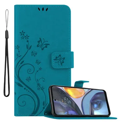 Obrázek produktu pro Cadorabo kryt pro Motorola MOTO G22 in FLORAL BLUE Ochranný kryt v květinovém designu s magnetickým zapínáním, funkcí stojánku a přihrádkami na karty Flipové pouzdro Flower Cover Etui Handy Klapp Hülle Book Tasche
