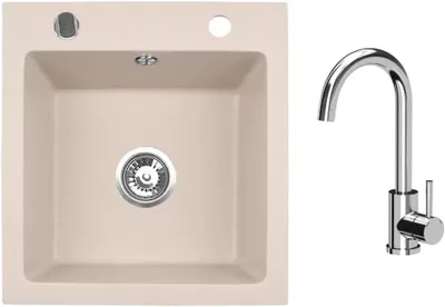 Produktbild von VBChome Granitspüle 50 x 48 cm Beige mit Armatur Einzelbecken Einbauspüle Gesprenkelt Pflegeleichtes Spülbecken mit Siphon Ideal für kleine Küchen