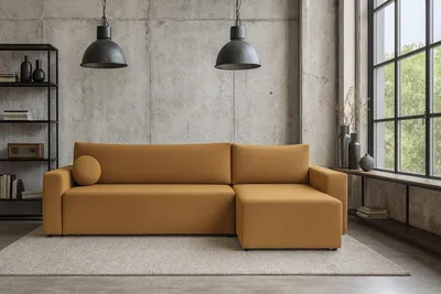 Obrázek produktu pro Rohová pohovka Sofello BELLA Modern Bouclé – elegantní design spojený s praktičností. Rozkládací funkce a prostorný úložný prostor, polštáře ve tvaru koule , rozměry lůžka: 191–200